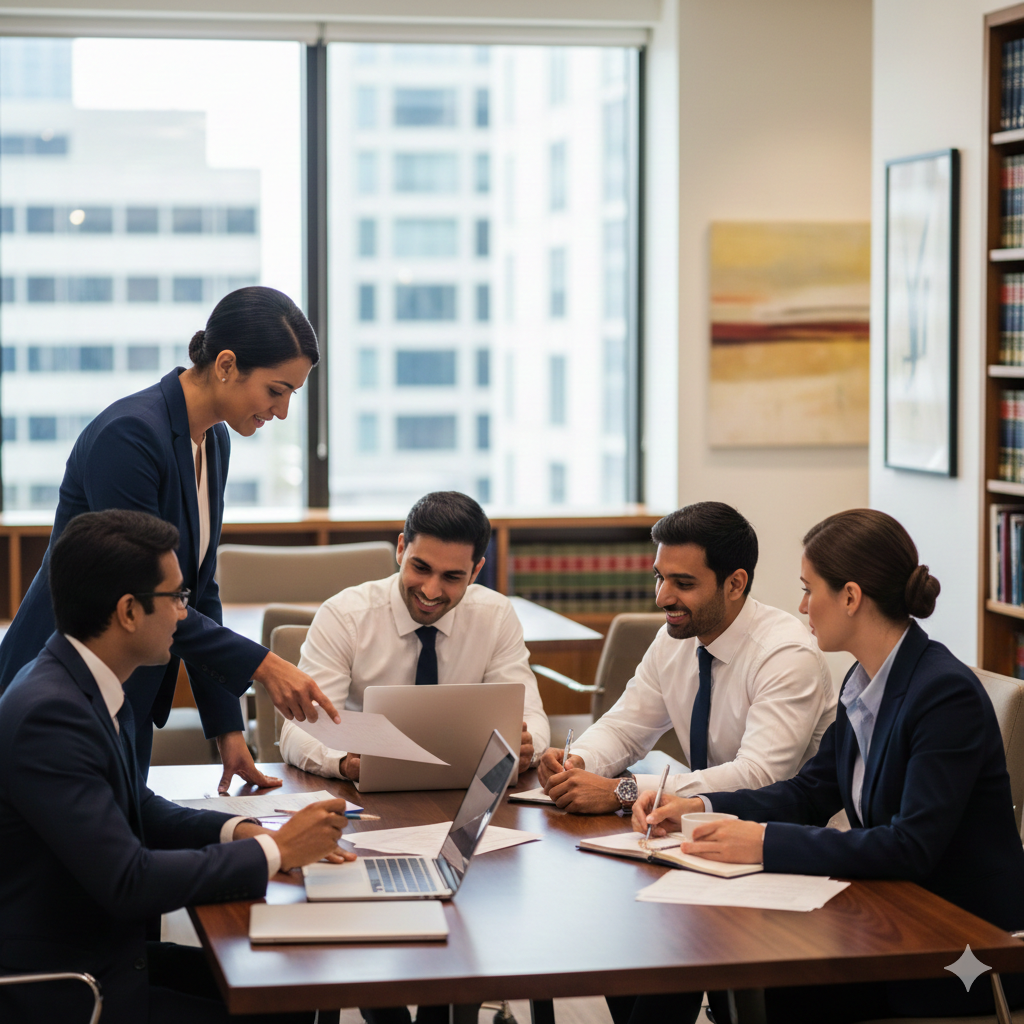 Professional legal team collaborating in a modern office.