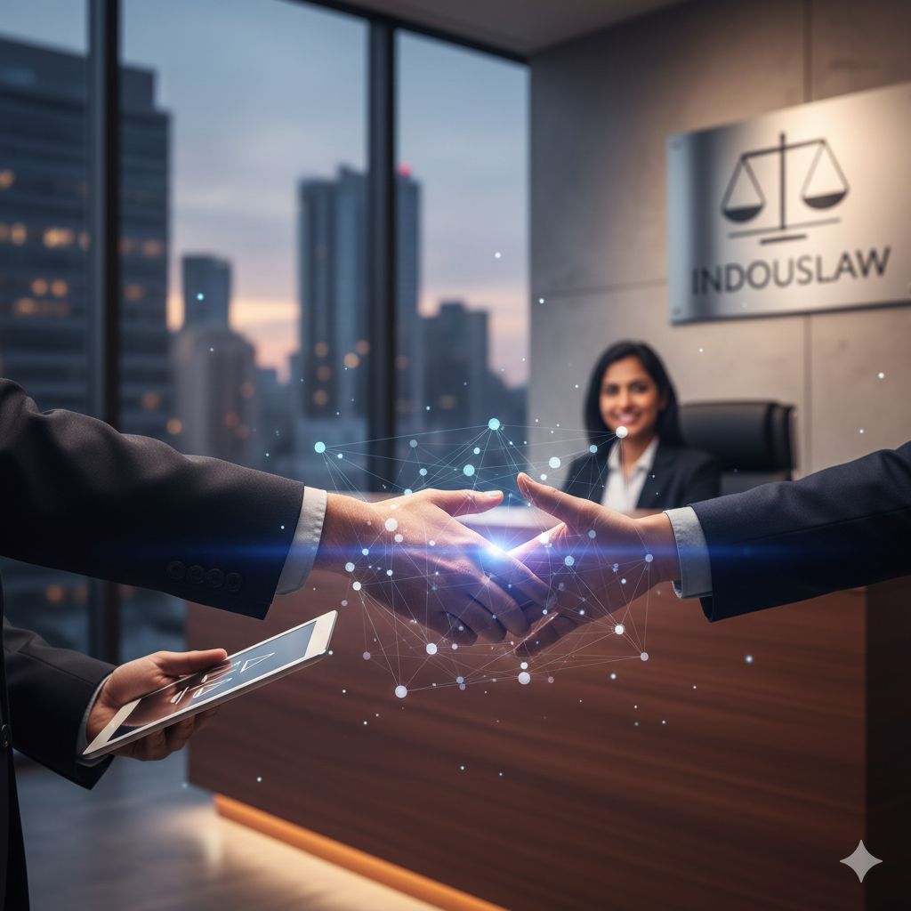 Modern office lobby with a reception area, indicating a professional environment for contacting a law firm.