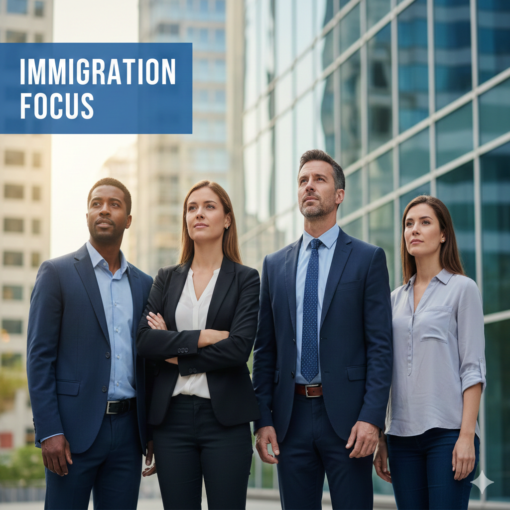 Professional attorney reviewing immigration documents with a client.